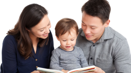 A happy Asian family reads together, sharing smiles and joy in a cozy moment. Perfect for family bonding themes.
