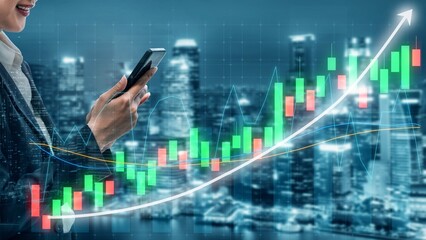 A businessperson engages with a smartphone to explore stock market trends, featuring vibrant digital charts against a glowing city skyline backdrop at night. Copula