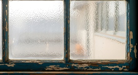 A weathered blue wooden window frame with peeling paint and two panes of frosted, obscure glass.