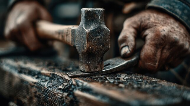 Craftsman using a hammer to shape wood during a traditional woodworking session in a workshop at dusk - Powered by Adobe