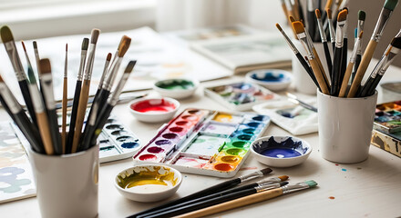 Artistic watercolor painting workplace filled with paint brushes and vibrant color palettes