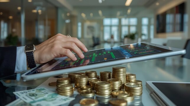 Financial analyst using tablet with stock market data and coins - Powered by Adobe