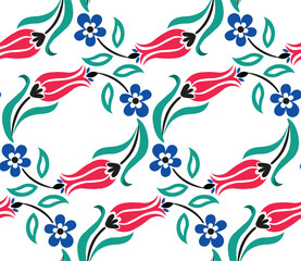 Turkish tulip and flowers seamless pattern design. Ottoman style.