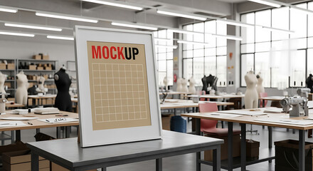 Minimalist mockup frame showcases a bright fashion design atelier interior scene