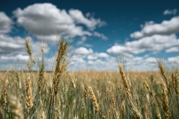 Obraz premium Golden wheat field under a cloudy sky