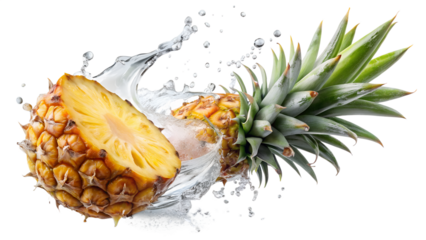 Juicy pineapple with a refreshing splash of water, a tropical and healthy fruit isolated on transparent background