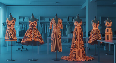 Futuristic haute couture: luminous circuit pattern dresses for the digital age, showcasing