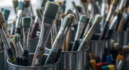 Assortment of artist's paintbrushes arranged in metal containers in a studio setting for artistic