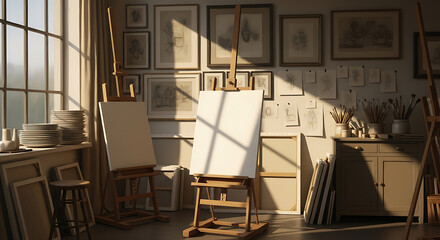 Sunlit artist's studio with easels and blank canvases inviting creative expression and artistic