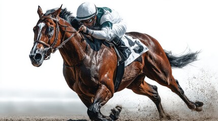 Horse racing at high speed with a determined jockey in a competitive event on the racetrack