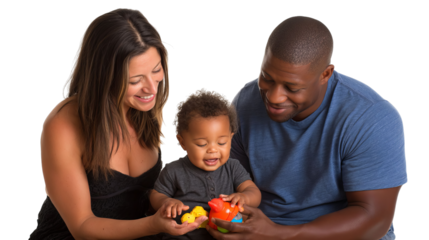 A joyful mixed-race family plays with colorful toys, creating cherished moments of bonding and laughter.