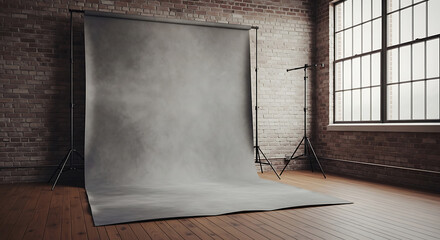 An Interior photographic studio setup featuring a gray backdrop against a rustic brick wall