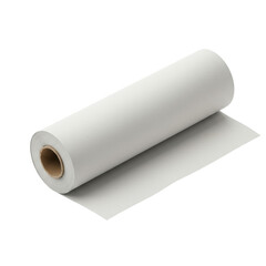 Full roll of plain, slightly textured wrapping paper with subtle tear and soft wrinkle, inner cardboard core visible, centrally on transparent background, no shadows, high angle, studio product