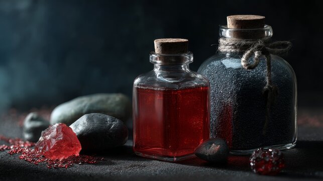 Red liquid potion bottles with herbs and stones for fantasy apothecary magic theme photography dark elixir concept mystical visual inspiration