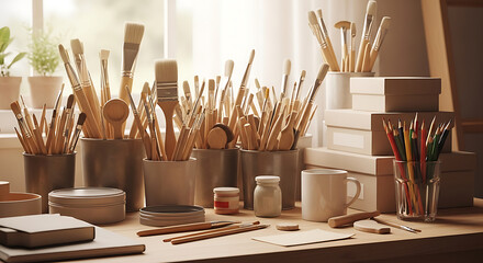 Still life arrangement showcasing a collection of artist's tools and creative supplies with