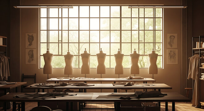 Sunlit fashion studio interior with multiple dress forms showcasing design process elegance and