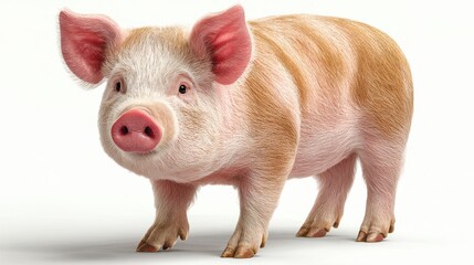 Cute young pig standing on a white background showcasing its distinct features and playful demeanor