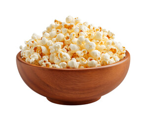 Wooden bowl filled with popcorn snack food isolated on a transparent background