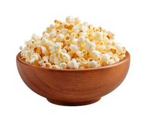 Wooden bowl filled with popcorn snack food isolated on a transparent background