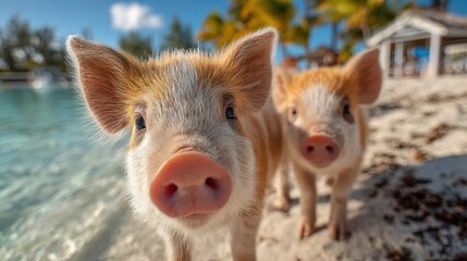 Fototapeta premium Friendly piglets explore the sandy beach near the turquoise ocean on a sunny day