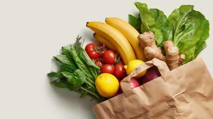 Essential groceries: a brown paper bag tipped over, revealing a selection of fresh and healthy items like bananas, lettuce, lemons, ginger, tomatoes, and other colorful fruits and vegetables arranged 