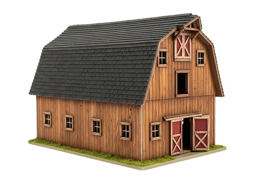 Detailed wooden barn model with weathered roof and classic farm doors display craftsmanship and