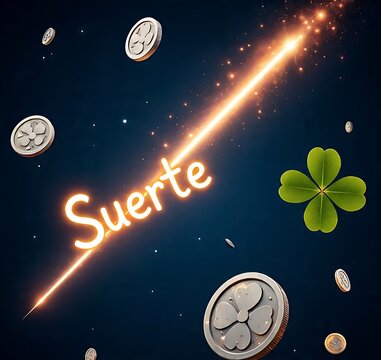"Suerte glowing text with clover and coins, lucky Spanish design for positivity 🍀 