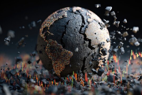 A fractured globe surrounded by debris and financial charts, symbolizing global destruction and market turmoil
