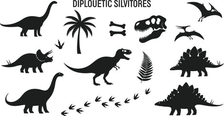 Vector silhouettes of various dinosaurs and prehistoric elements including fossils, footprints, and plants for educational, decorative, cultural, and scientific design projects © Moury Creatives