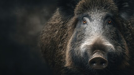 Fototapeta premium Wild boar close-up captured at dusk in a forest setting highlighting its sharp features and textured fur