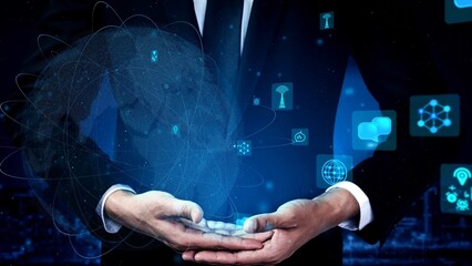 A business professional stands confidently with a digital globe in hands, surrounded by icons representing technology, connectivity, and data in a modern landscape. Xenic