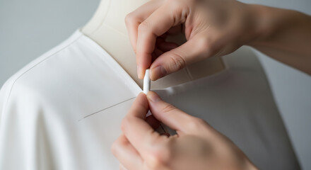 Crafting bespoke garment design, skilled hands chalking outlines on white fabric for pattern