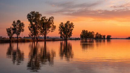 stunning sunset along riverbank where sun dips below horizon casting golden hues across water