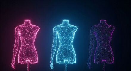Polygonal female mannequins illuminated with vibrant neon gradients against a dark backdrop
