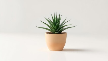 Fototapeta premium Aloe Vera Plant in Beige Pot, Minimalist, Clean, White Background.