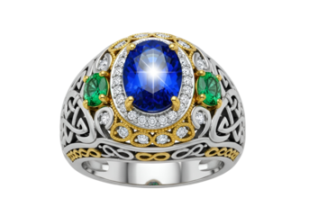 Elegant and ornate jewelry ring featuring a large blue sapphire centerpiece with green gemstones