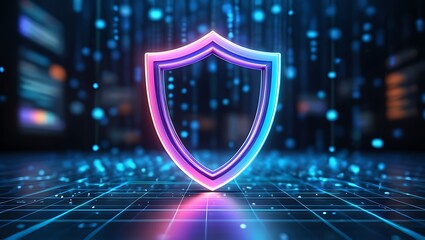 Glowing neon shield emblem symbolizing digital cybersecurity and data protection against a futuristic abstract background of glowing blue and pink lights and data streams