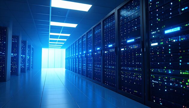 Modern data center corridor flanked by server racks glowing with blue and green LEDs. Brightly lit hallway emphasizes digital infrastructure powering computing, storage, and internet services.