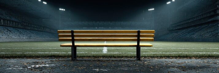 Empty bench sits in illuminated stadium during evening game day preparation