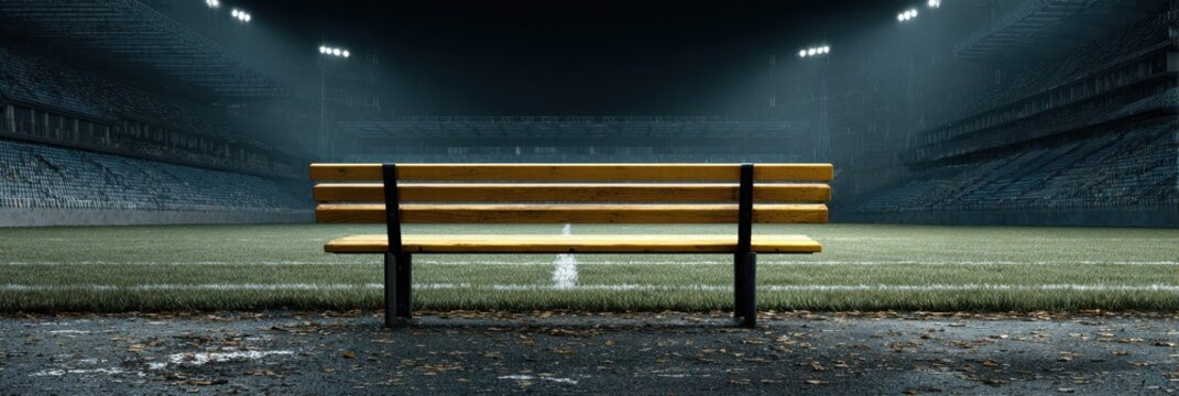 Empty bench sits in illuminated stadium during evening game day preparation