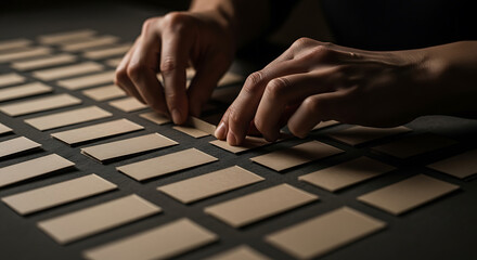 Hands meticulously arranging cards, evoking planning, strategy, or a tactile organizational system