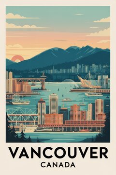 Vintage Travel Poster of Vancouver Canada Skyline  
