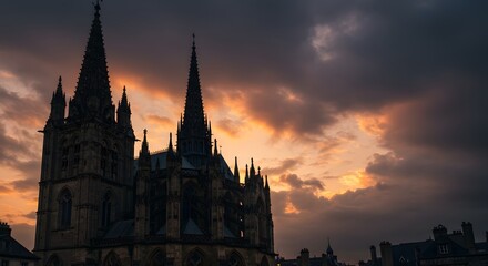 Obraz premium Gothic cathedral at twilight, moody clouds and detailed stonework