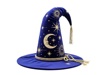Elegant celestial-themed wizard hat with intricate star and moon patterns in deep blue fabric