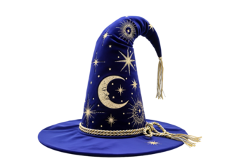 Elegant celestial-themed wizard hat with intricate star and moon patterns in deep blue fabric