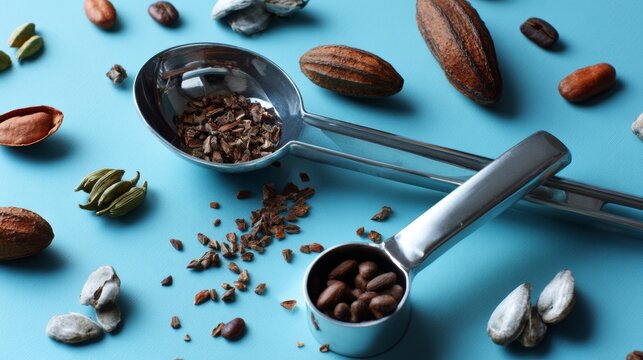 Coffee beans and spices on blue background with metal scoop for food and beverage theme