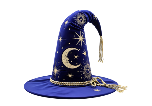 Elegant celestial-themed wizard hat with intricate star and moon patterns in deep blue fabric