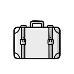 Obraz premium A classic silver travel suitcase with a handle and two vertical straps, depicted as a simple icon on a white background.