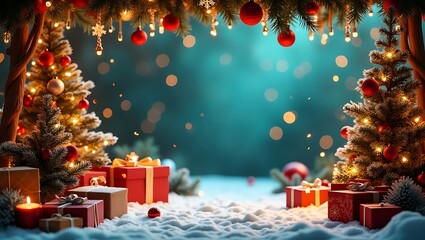 Magical snowy christmas scene with decorated trees and gifts