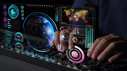 High-tech global network connection interface showing worldwide digital communication, data exchange, and internet connectivity. Global connection, data interaction, and worldwide communication. Thunk